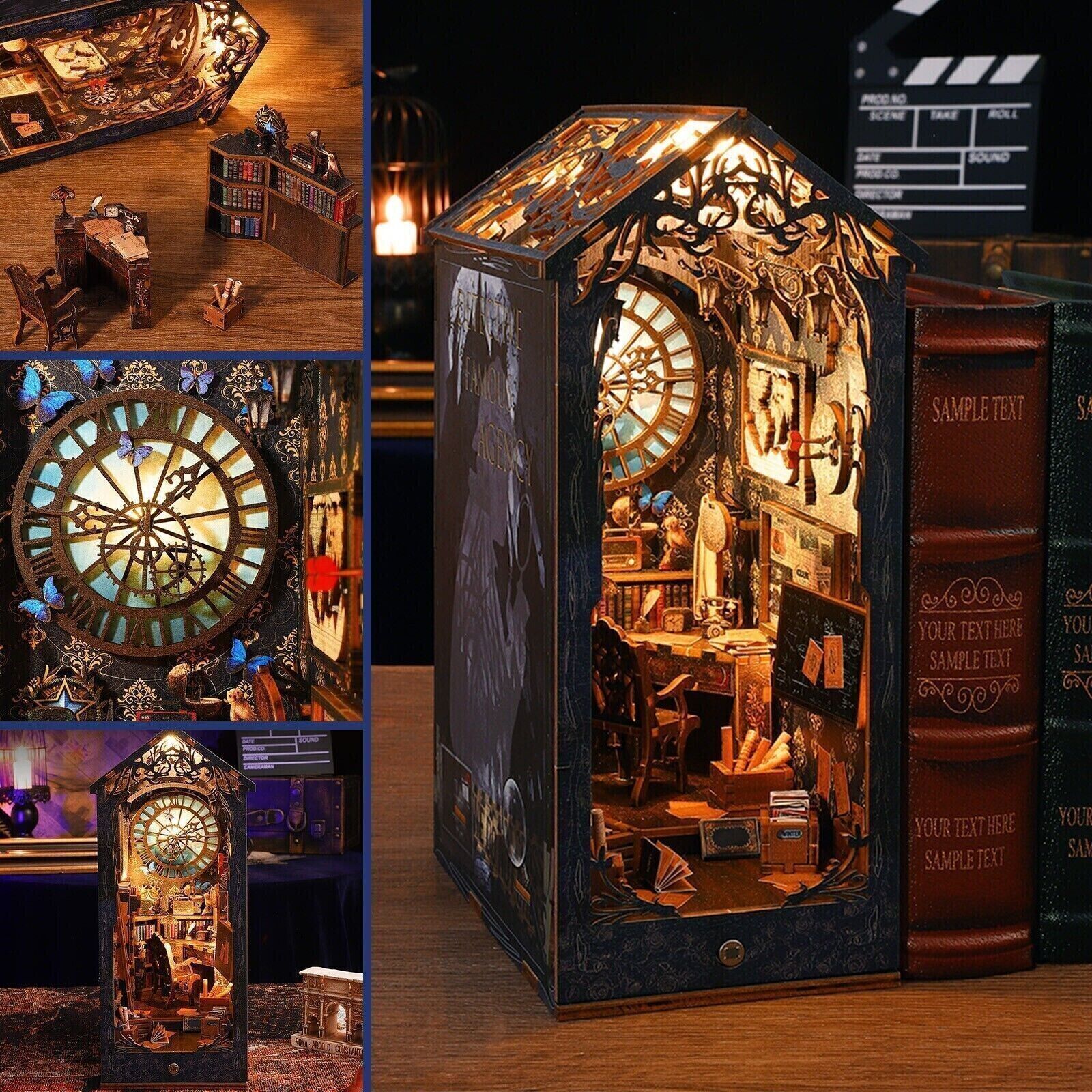 New DIY Book Nook Kit 3D Wooden Puzzle Bookshelf Insert Decor LED Light DIY Gift