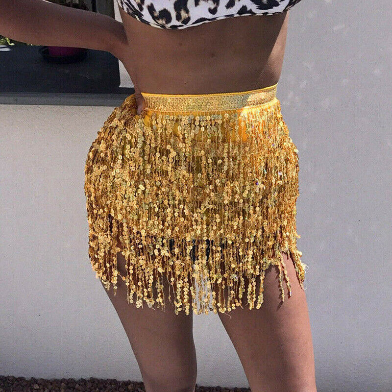 Girl Sequin Dance Mini Dress Belly Dancer Jazz Costume Tassel Wrap Skirt Gifts