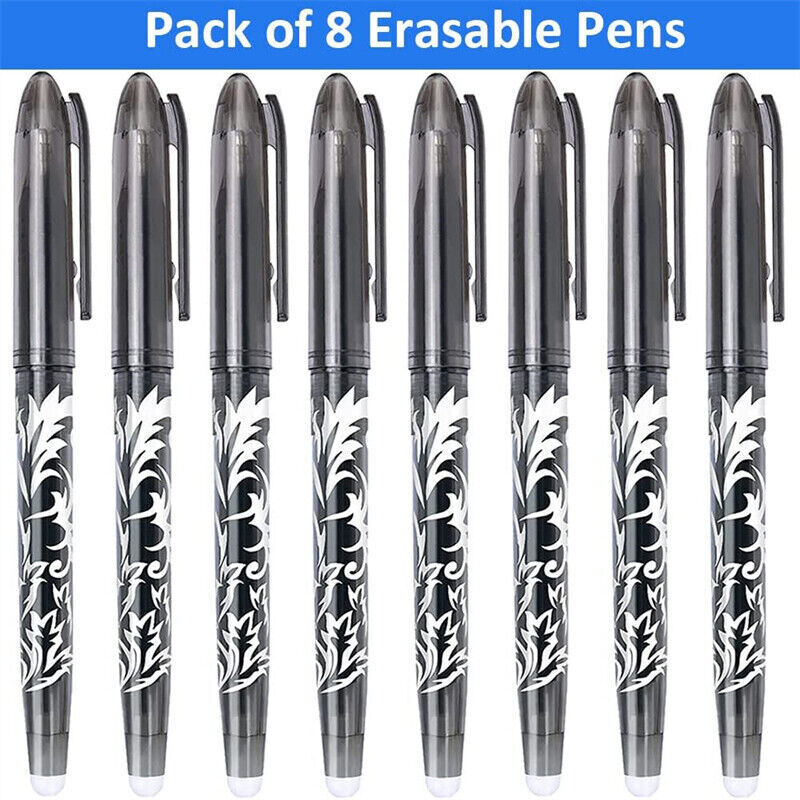 UK 1-8X 0.5mm Black Ink Eraser Pens Rub Out Pens with Rubbers Erasable Gel Pens