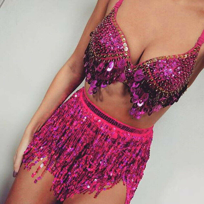 Belly Dancer Jazz Costume Tassel Wrap Skirt Mini Skirt Girl Sequin Dance Dress - Picture 17 of 20