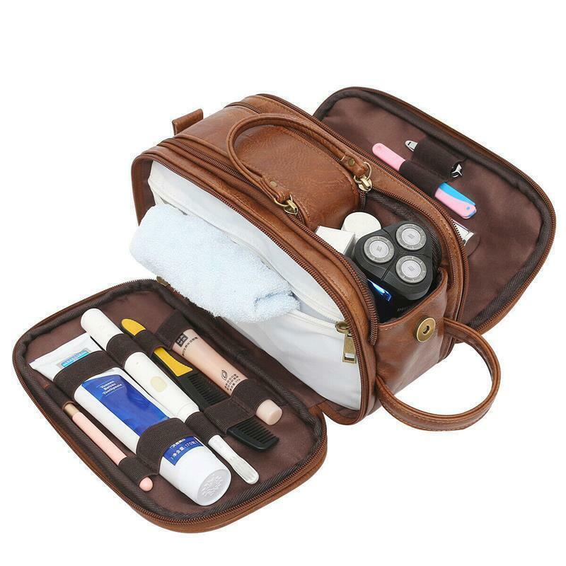 Water-resistant Leather Toiletry Bag Men Large Travel Wash Shaving Dopp Kit Bath - Picture 14 of 14