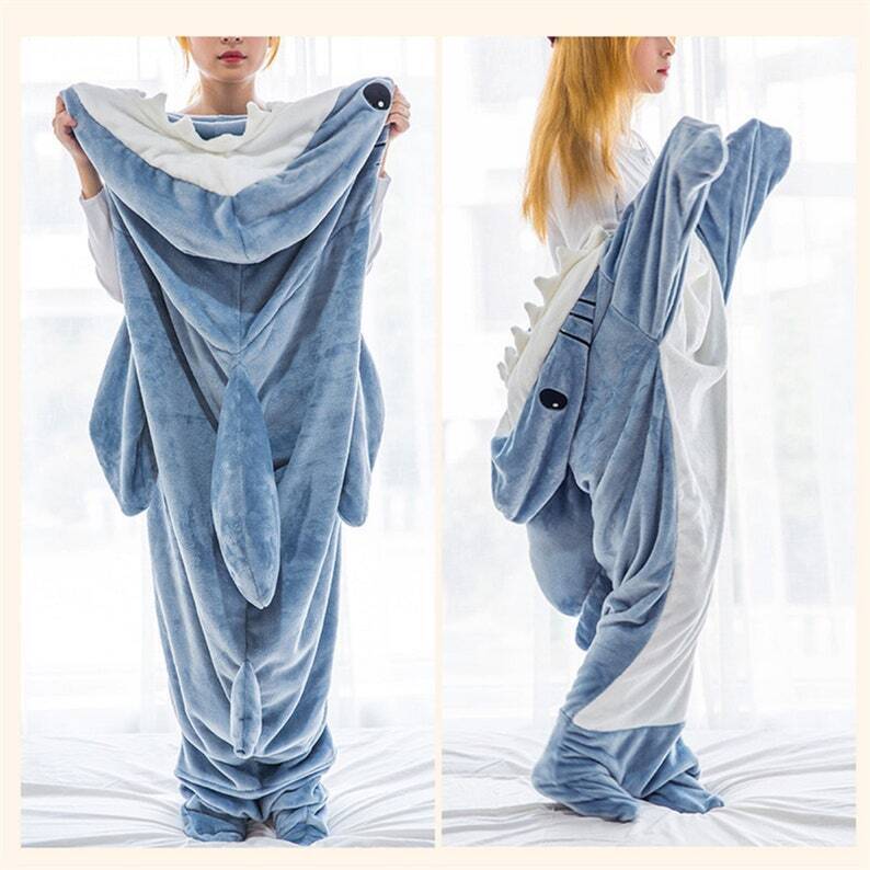 Erwachsene Flanell-Tragbar Hai Decke Hoodie Super Weich Kuscheldecke Schlafsack - Bild 16 von 18