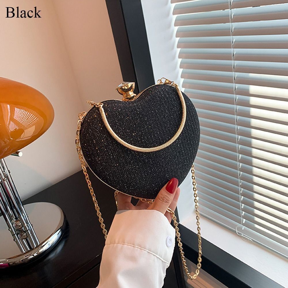 Heart Shape Evening Bag Metal Chain Shiny Handbag Shoulder Bag Women Lady - Picture 13 of 16