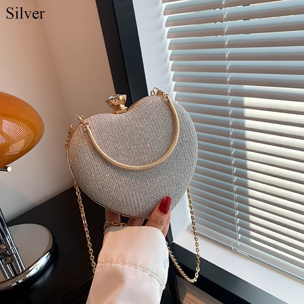 Heart Shape Evening Bag Metal Chain Shiny Handbag Shoulder Bag Women Lady - Picture 16 of 16