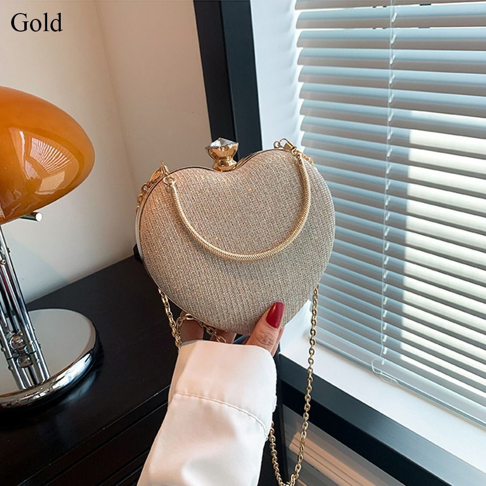 Heart Shape Evening Bag Metal Chain Shiny Handbag Shoulder Bag Women Lady - Picture 14 of 16