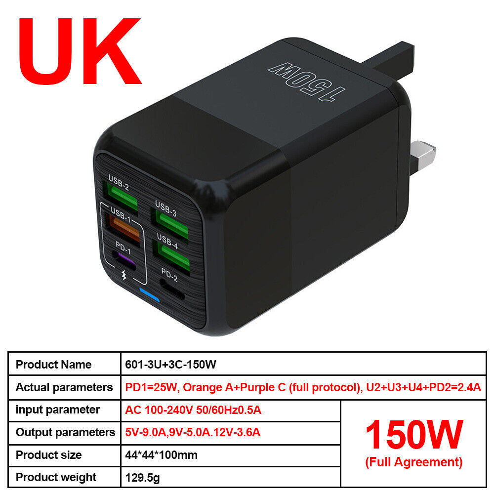 USB C Plug,150W 6-Port Fast Charger Plug UK Dual Port PD Power Adapter Multi - Picture 18 of 18