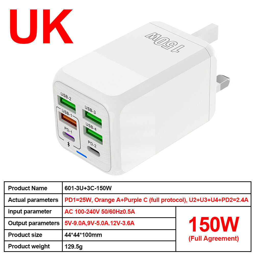 USB C Plug,150W 6-Port Fast Charger Plug UK Dual Port PD Power Adapter Multi - Picture 17 of 18