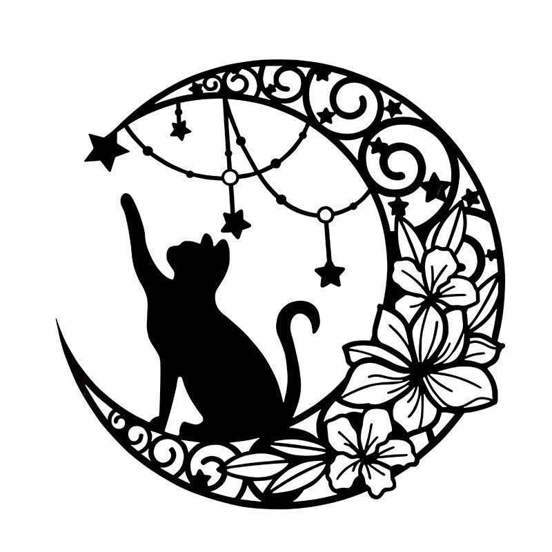 Metal Black Cat Moon Silhouette Wall Art Wall Hanging Ornament for Home Garden