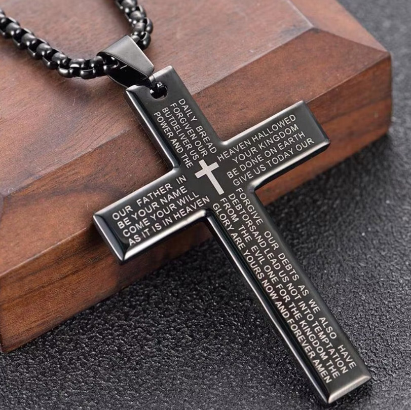 Cross Pendant Necklace for Men Titanium Steel Lord's Prayer Bible