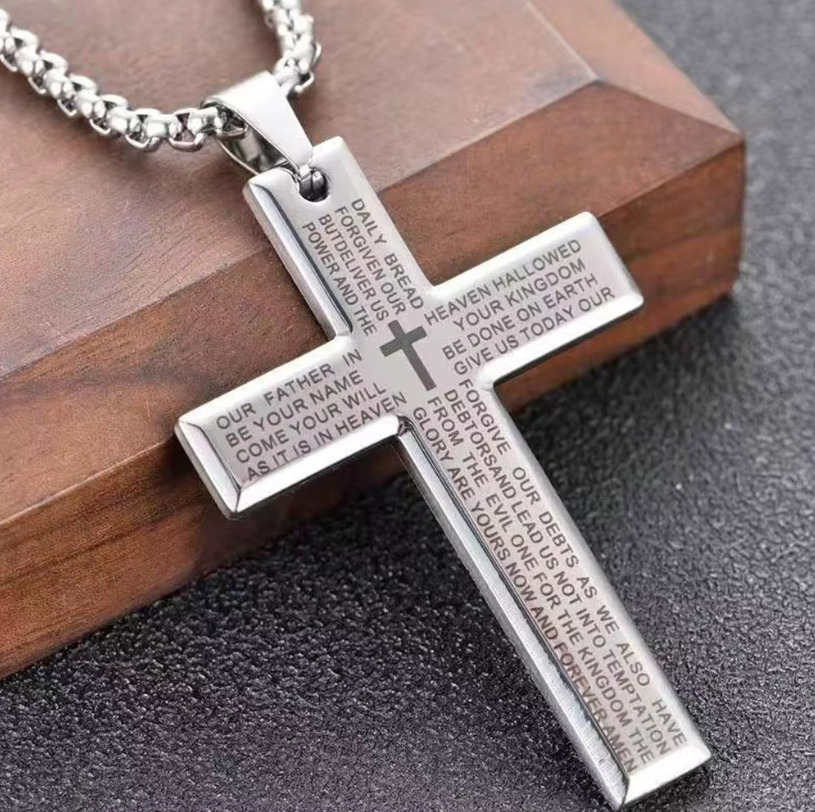 Cross Pendant Necklace for Men Titanium Steel Lord's Prayer Bible