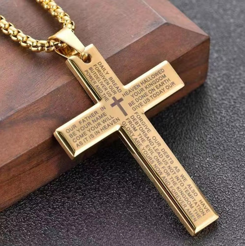 Cross Pendant Necklace for Men Titanium Steel Lord's Prayer Bible