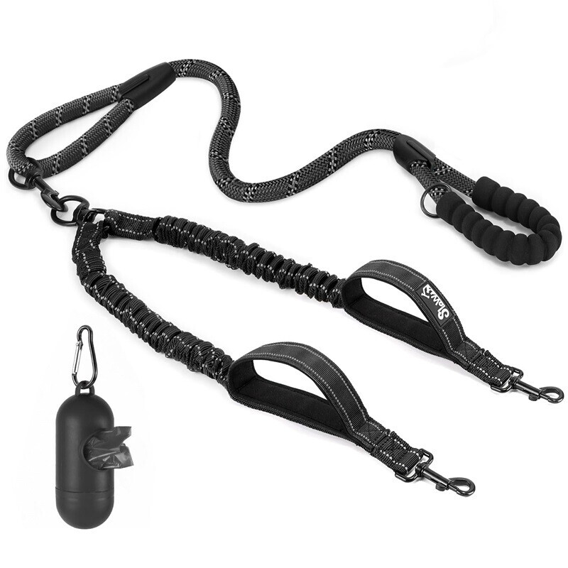 Heavy Duty Double Dog Lead 2 Way Nylon Dog Pet Bungee Leash Lead 360° Swivel - Picture 14 of 17