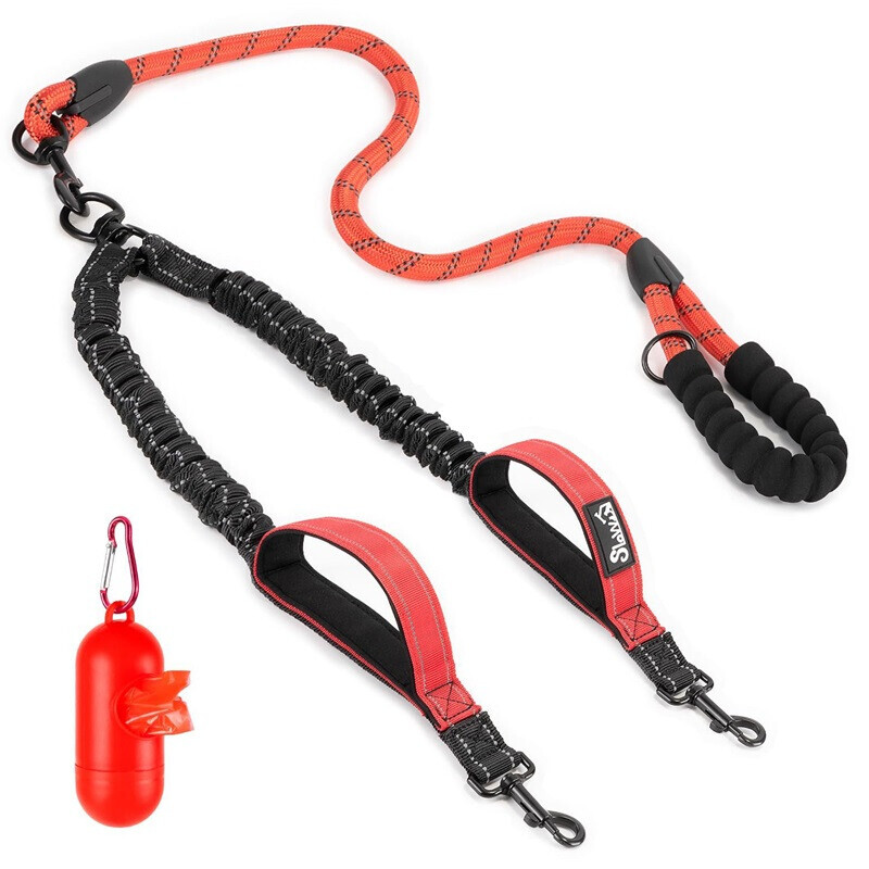 Heavy Duty Double Dog Lead 2 Way Nylon Dog Pet Bungee Leash Lead 360° Swivel - Picture 15 of 17