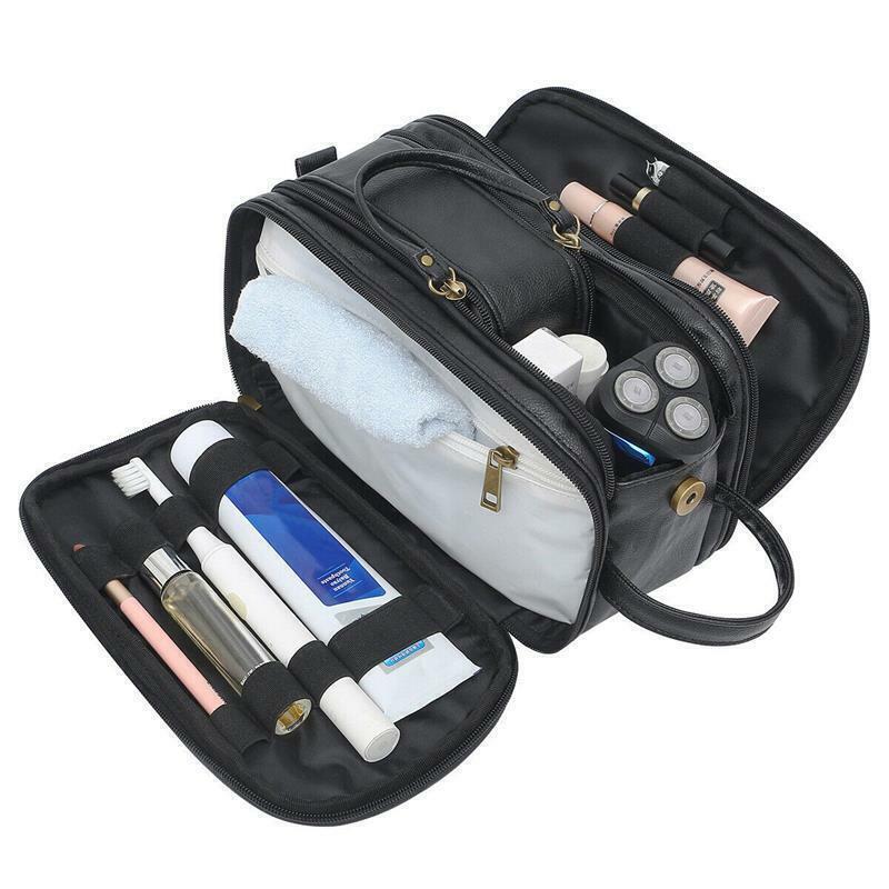 Borsa da toeletta in pelle impermeabile uomo grande viaggio lavaggio rasatura doppio kit bagno - Foto 13 di 14