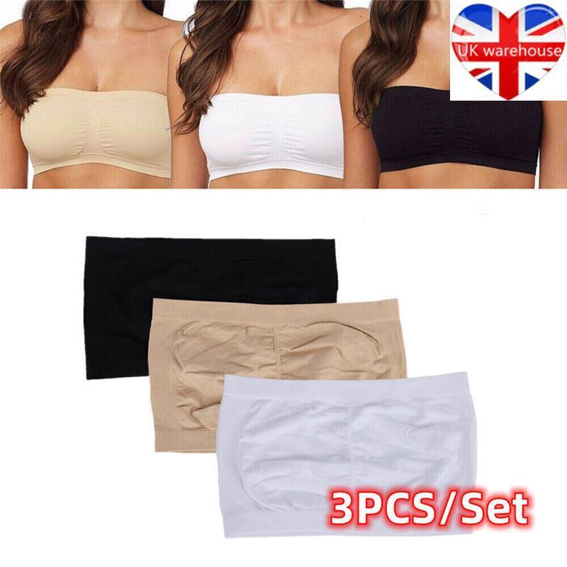 3 Pack Women Ladies Strapless Seamless Bandeau Bra Boob Tube Comfort Tops - Picture 14 of 17